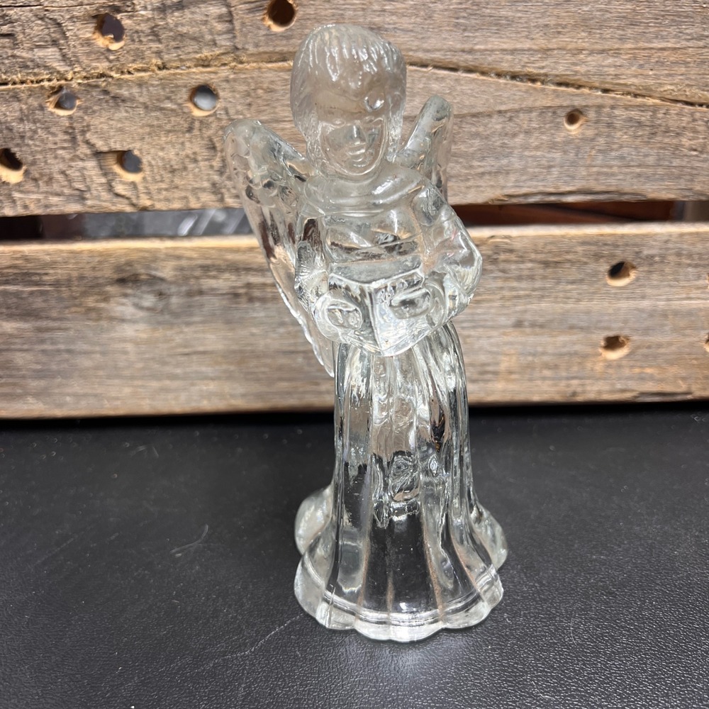 Vintage Clear Pressed Glass Angel Figurine Holding Book Hymnal 5.25 Inch